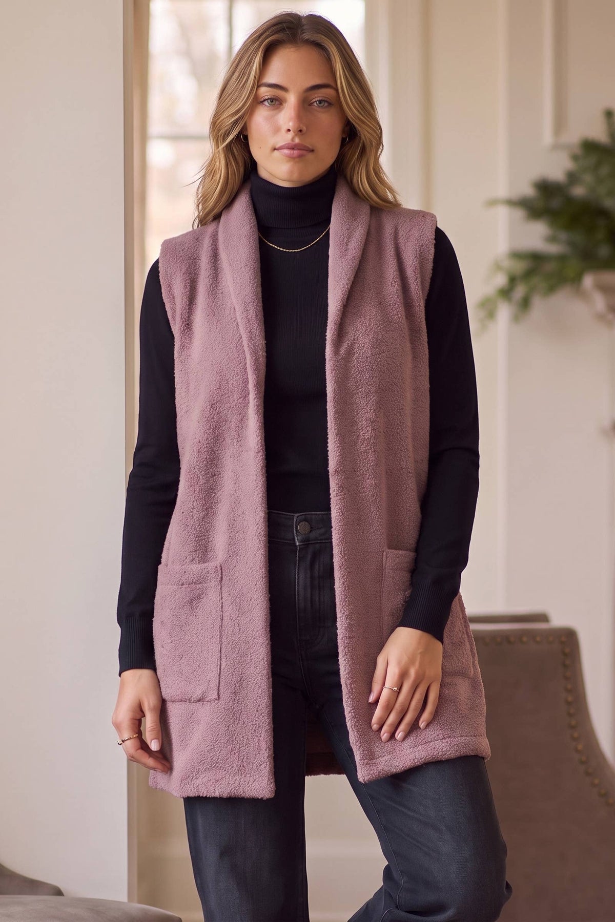 Teddy Longline Layering Vest w/ Pockets