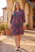 PLUS Floral Ruffle Neckline A-Line Lizzy 3/4 Sleeve Dress