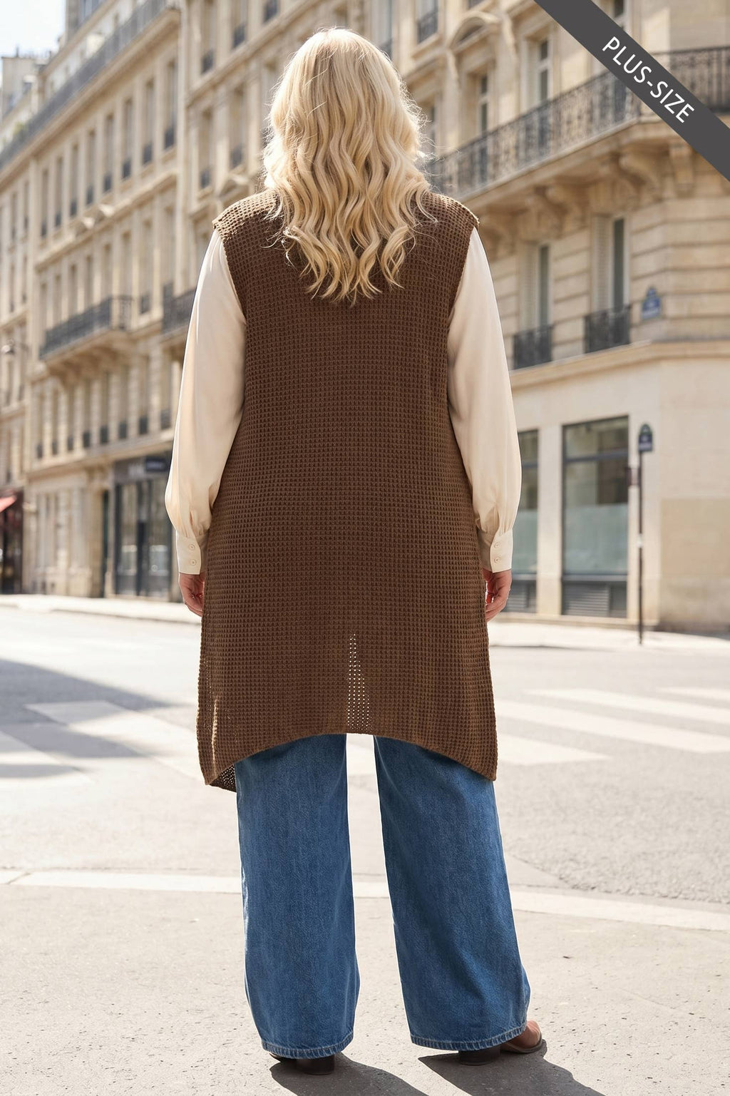 PLUS SIZE Sleeveless Crochet Midi Vest Cardigan