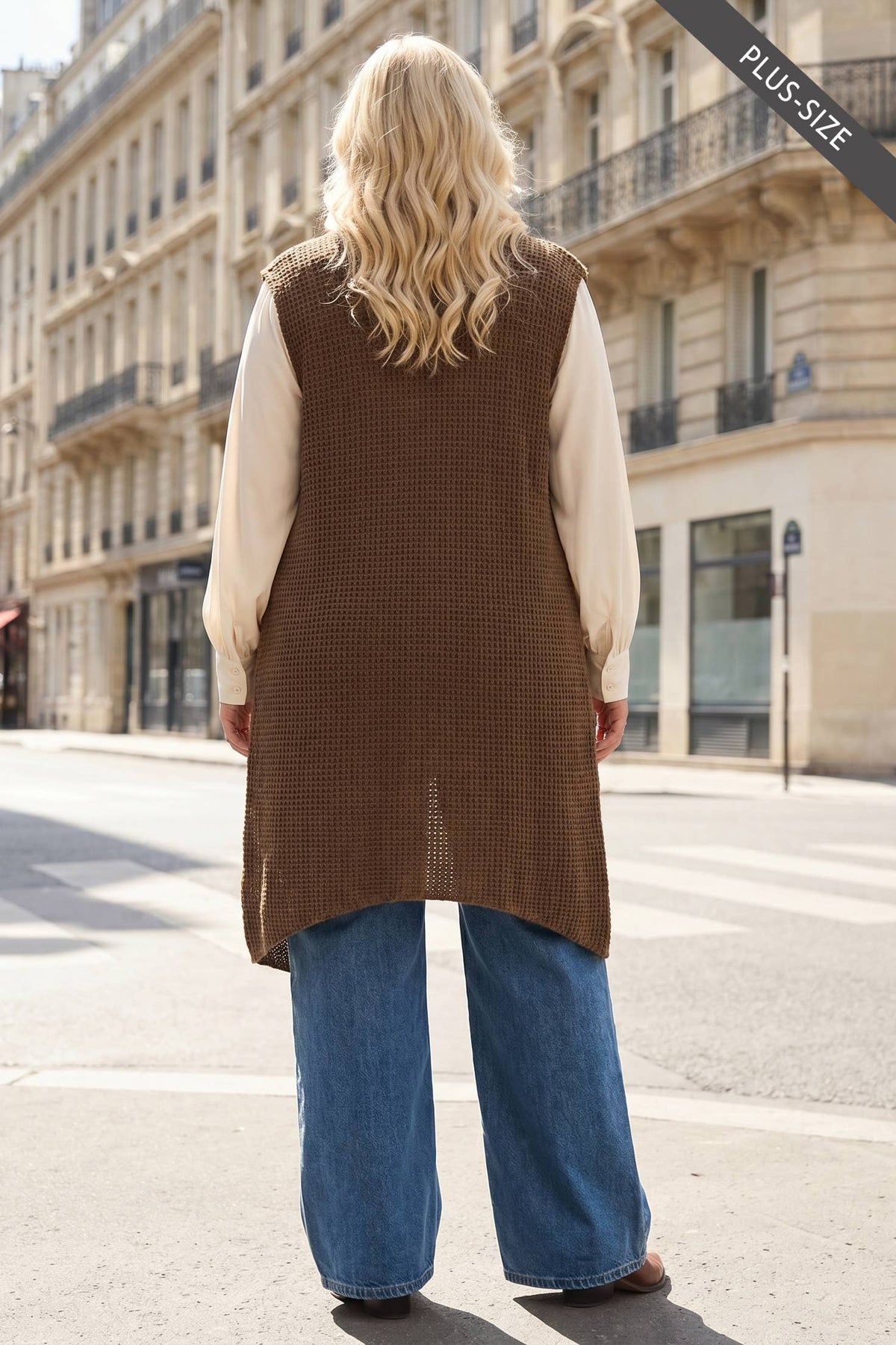 PLUS SIZE Sleeveless Crochet Midi Vest Cardigan