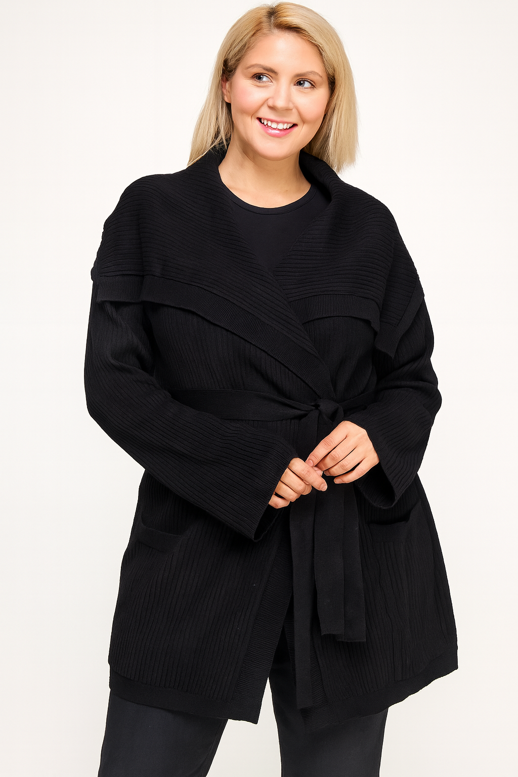 Plus Size Ribbed Wrap Cardigan with Waist Belt CL2720P-SWC