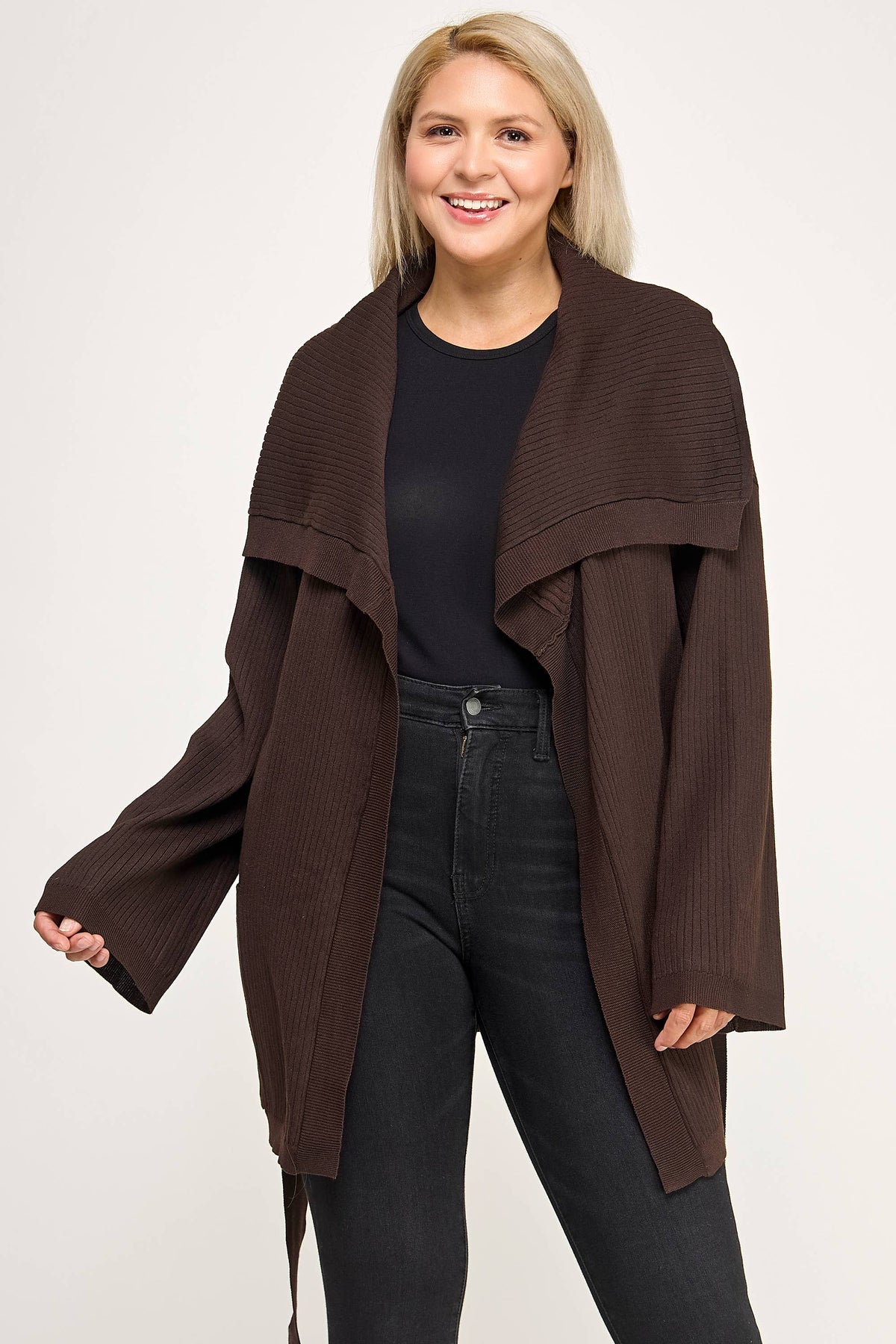 Plus Size Ribbed Wrap Cardigan with Waist Belt CL2720P-SWC