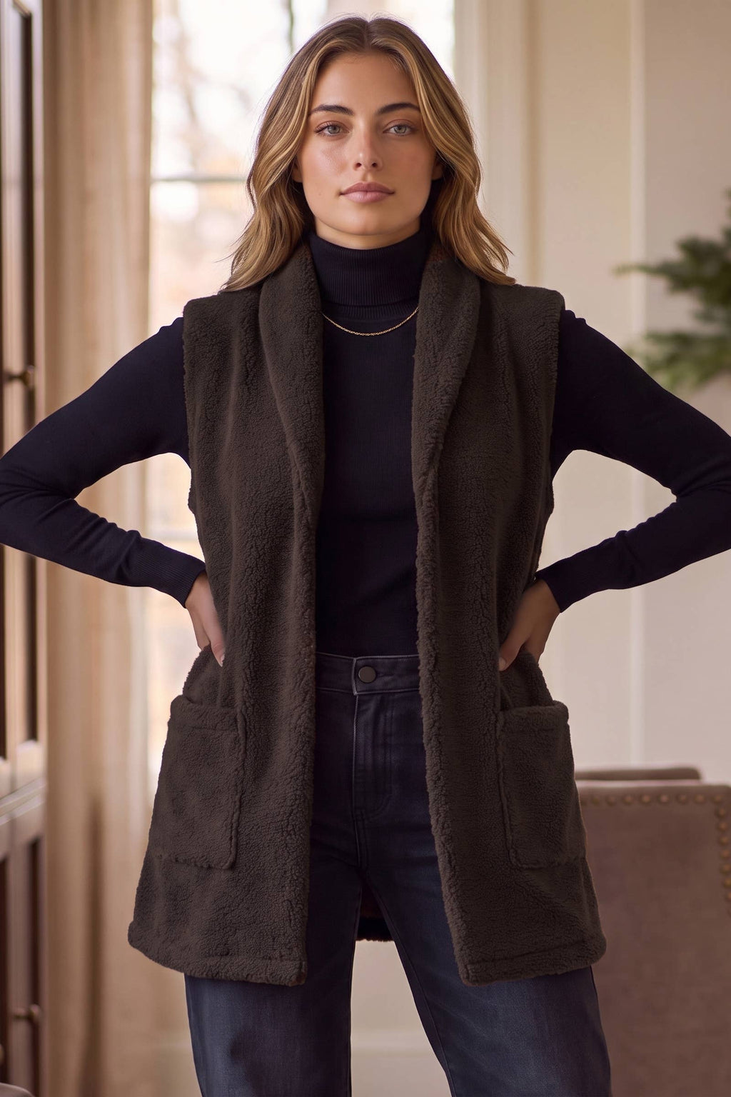 Teddy Longline Layering Vest w/ Pockets