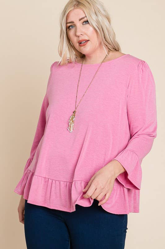 ETK-8690-PL Plus Size Babydoll Ruffle Hem Solid Top