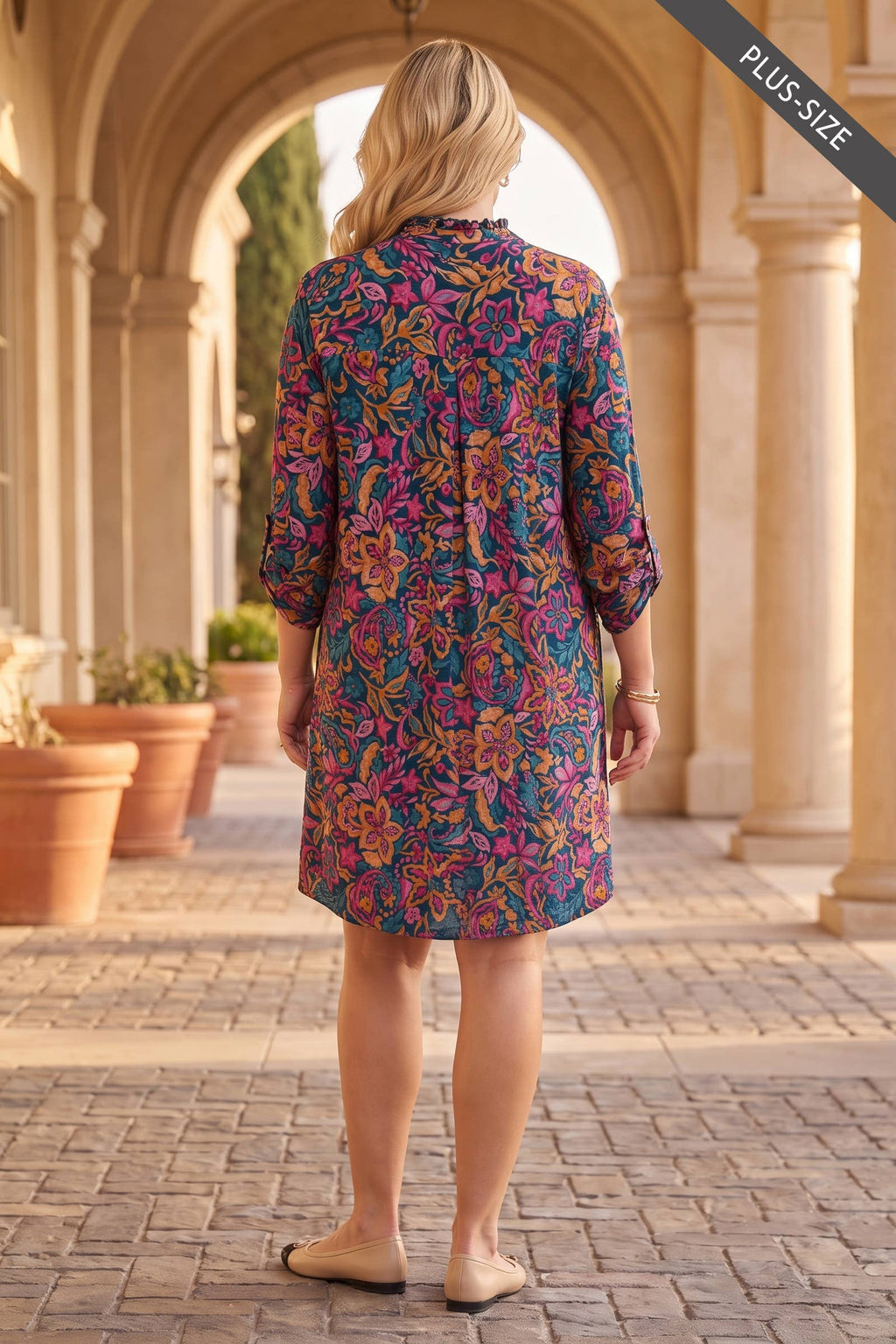 PLUS Floral Ruffle Neckline A-Line Lizzy 3/4 Sleeve Dress