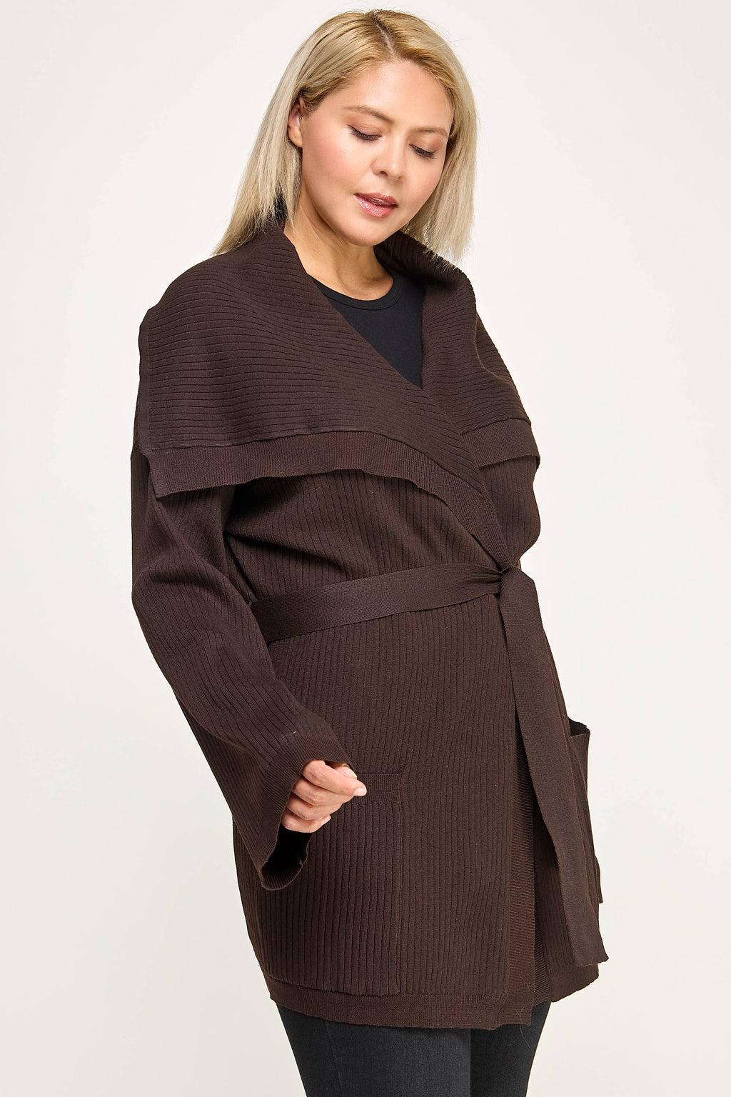 Plus Size Ribbed Wrap Cardigan with Waist Belt CL2720P-SWC