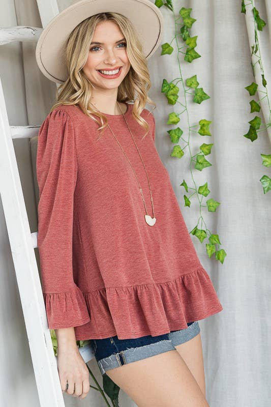 ETK-8690-PL Plus Size Babydoll Ruffle Hem Solid Top