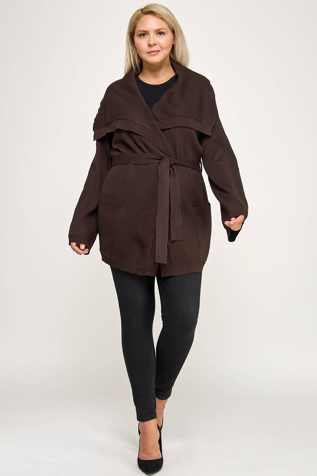 Plus Size Ribbed Wrap Cardigan with Waist Belt CL2720P-SWC