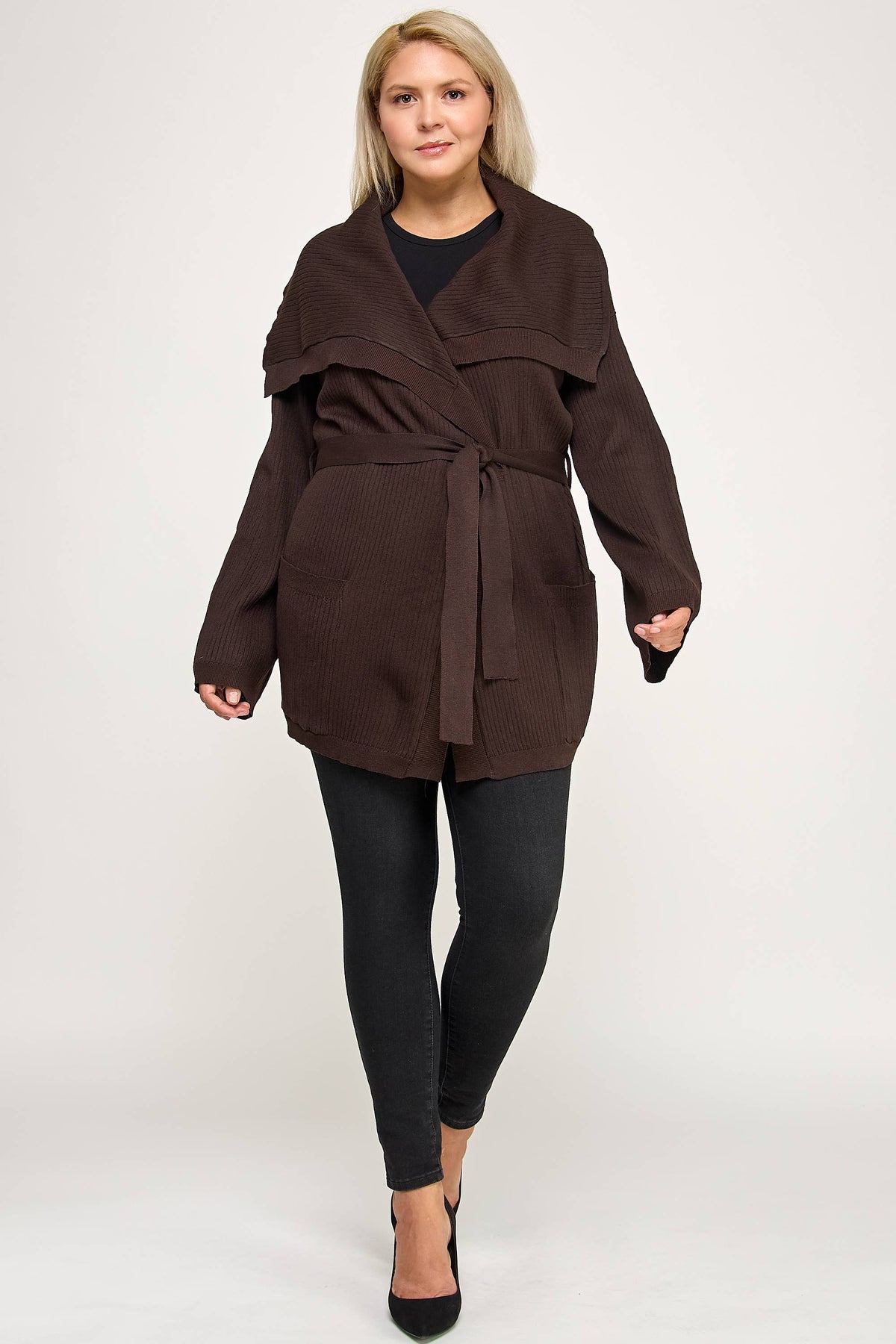 Plus Size Ribbed Wrap Cardigan with Waist Belt CL2720P-SWC