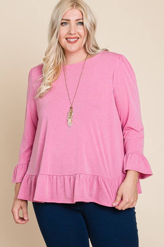 ETK-8690-PL Plus Size Babydoll Ruffle Hem Solid Top