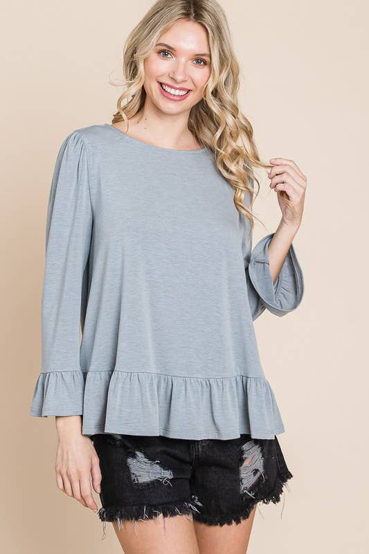 ETK-8690-PL Plus Size Babydoll Ruffle Hem Solid Top