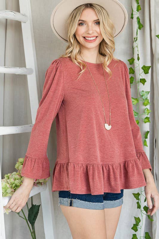 ETK-8690-PL Plus Size Babydoll Ruffle Hem Solid Top