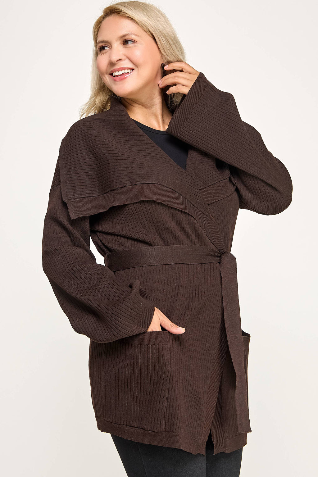 Plus Size Ribbed Wrap Cardigan with Waist Belt CL2720P-SWC