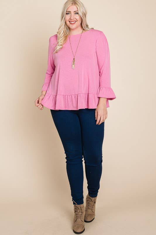 ETK-8690-PL Plus Size Babydoll Ruffle Hem Solid Top