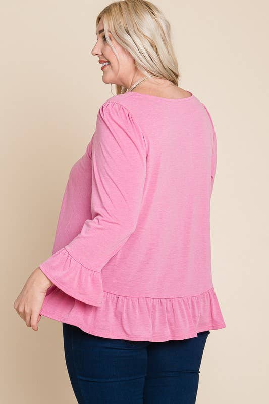 ETK-8690-PL Plus Size Babydoll Ruffle Hem Solid Top