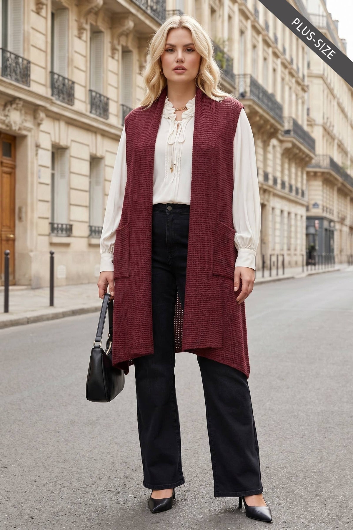 PLUS SIZE Sleeveless Crochet Midi Vest Cardigan