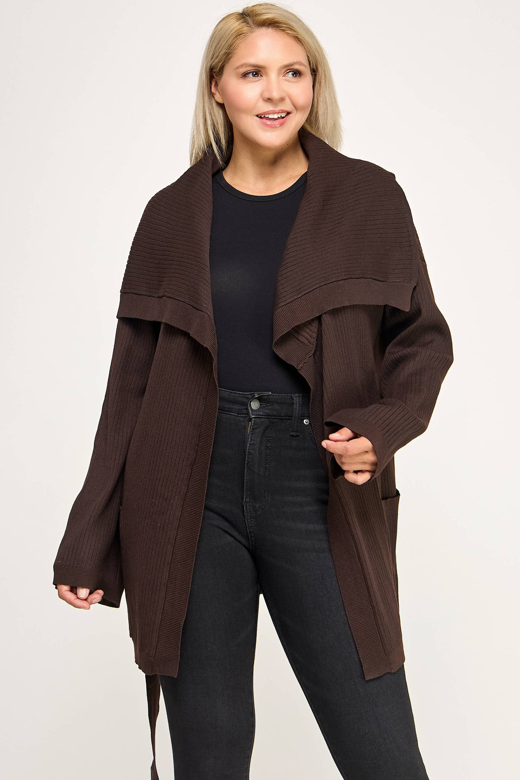 Plus Size Ribbed Wrap Cardigan with Waist Belt CL2720P-SWC