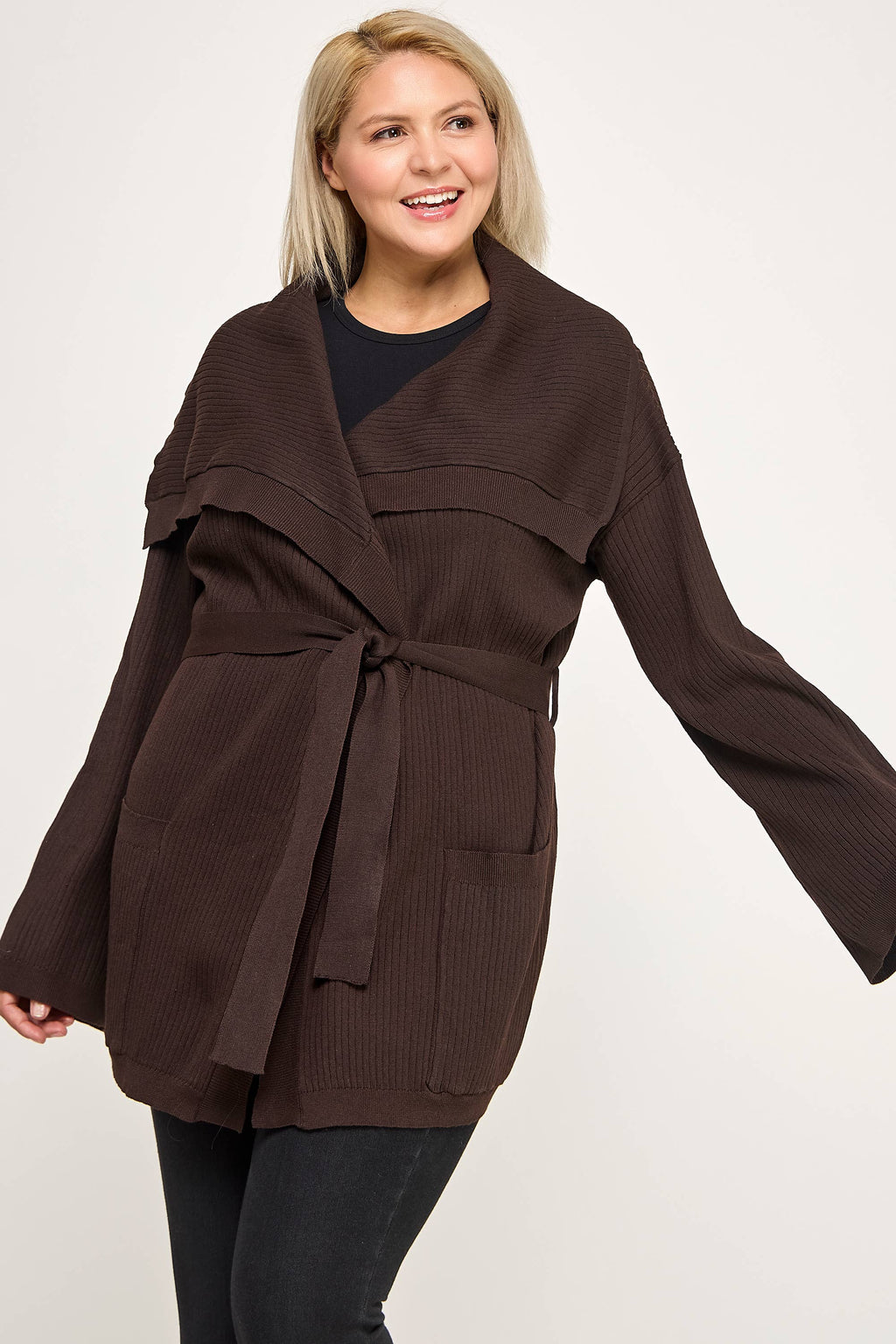 Plus Size Ribbed Wrap Cardigan with Waist Belt CL2720P-SWC