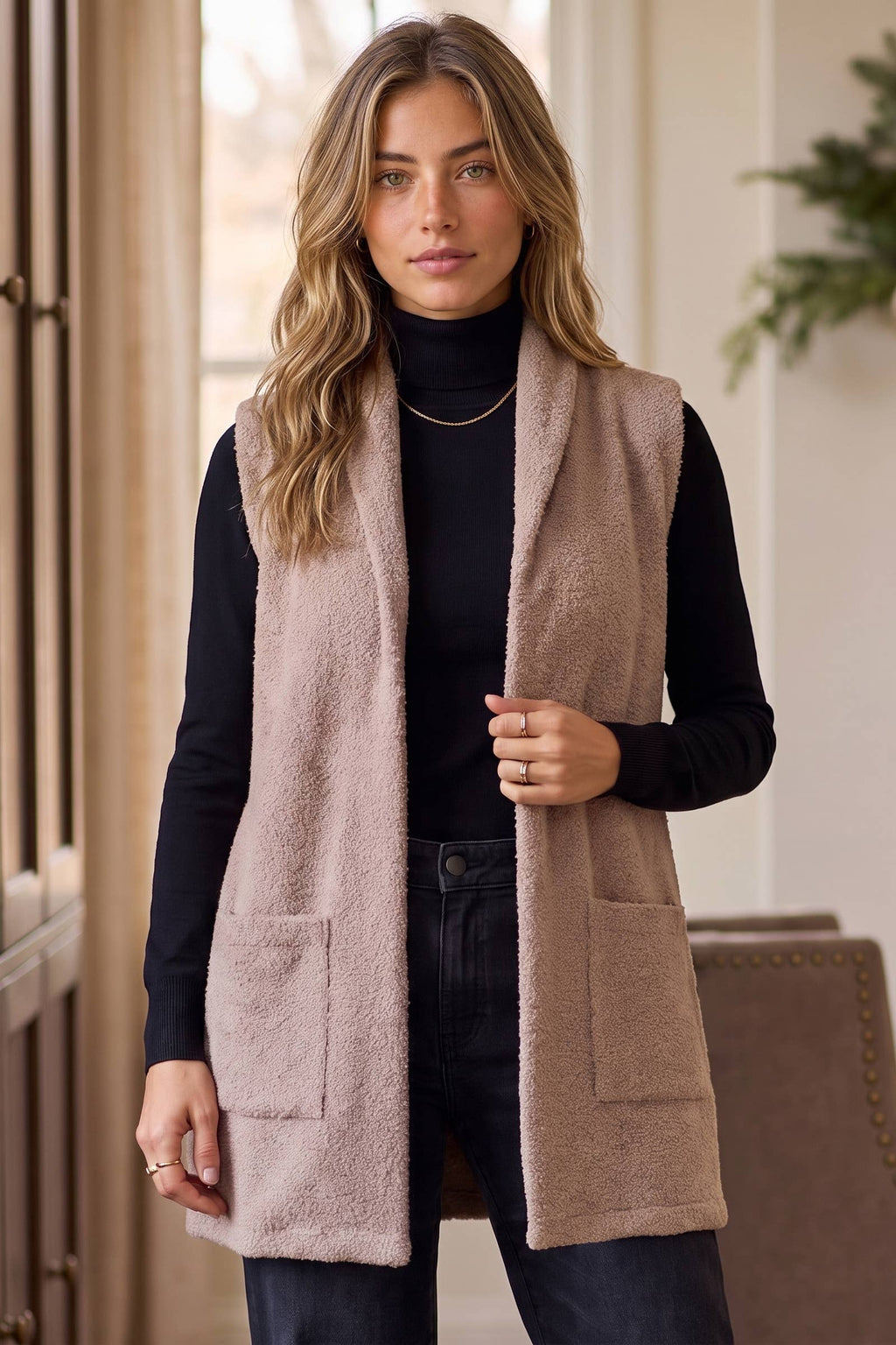 Teddy Longline Layering Vest w/ Pockets