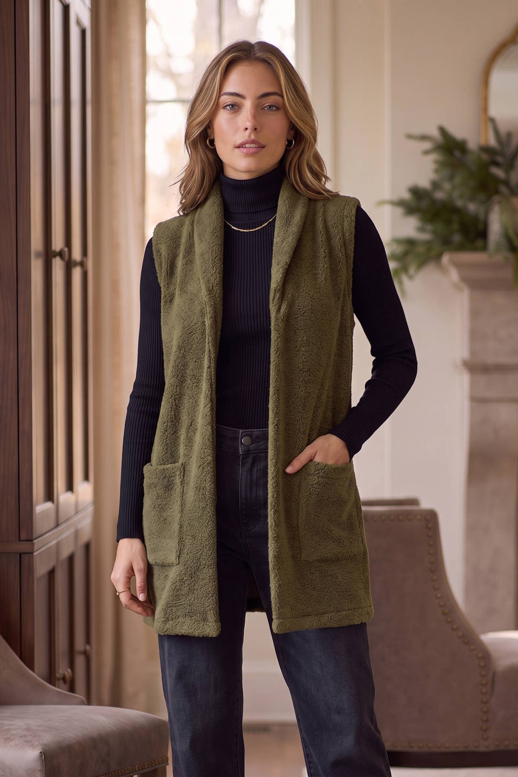 Teddy Longline Layering Vest w/ Pockets