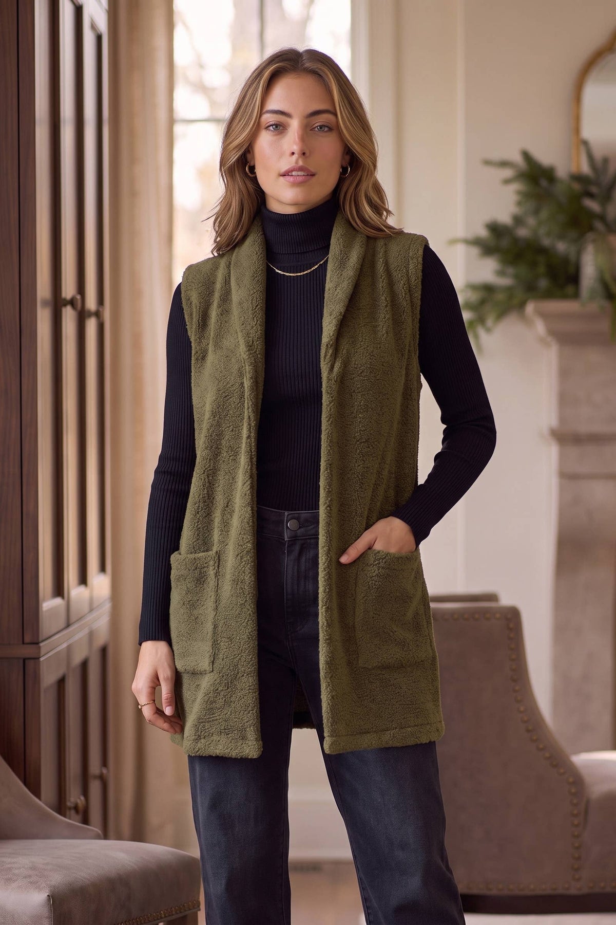 Teddy Longline Layering Vest w/ Pockets