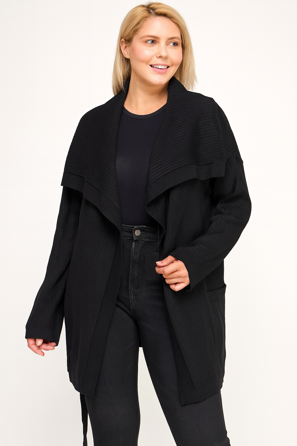 Plus Size Ribbed Wrap Cardigan with Waist Belt CL2720P-SWC