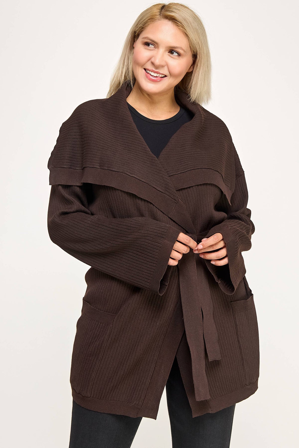 Plus Size Ribbed Wrap Cardigan with Waist Belt CL2720P-SWC