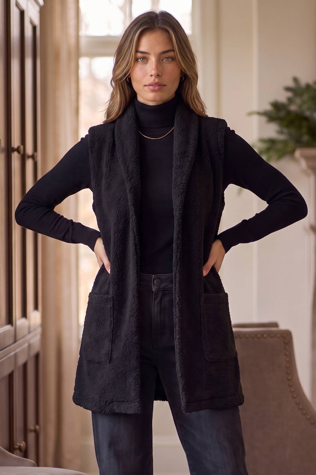 Teddy Longline Layering Vest w/ Pockets