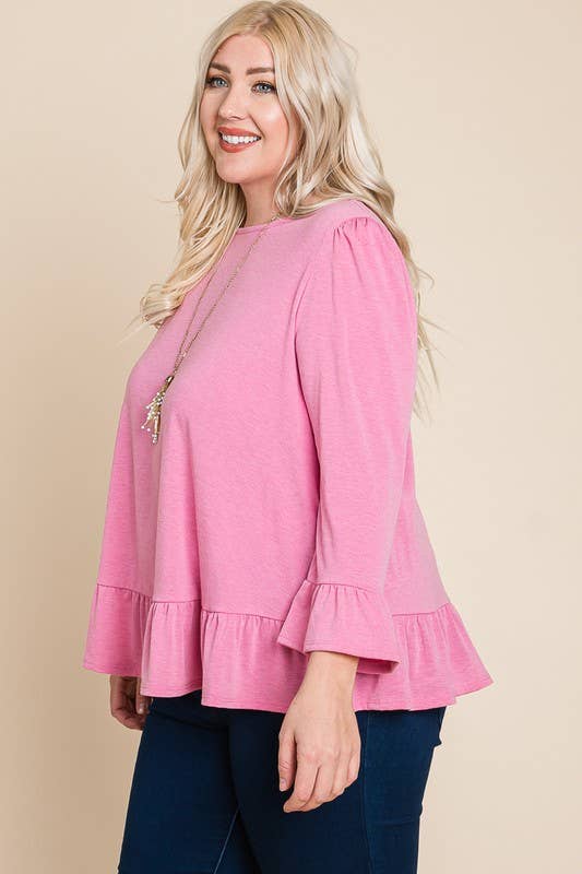 ETK-8690-PL Plus Size Babydoll Ruffle Hem Solid Top