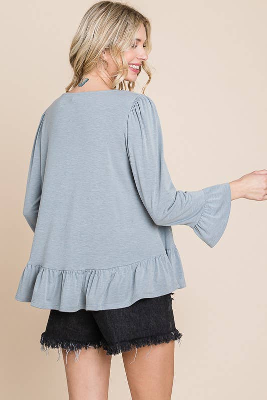 ETK-8690-PL Plus Size Babydoll Ruffle Hem Solid Top