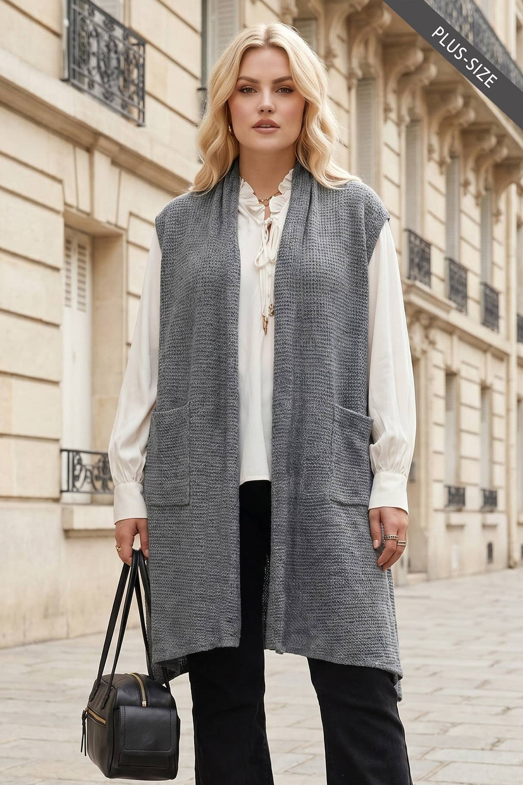 PLUS SIZE Sleeveless Crochet Midi Vest Cardigan